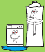 Slika logota od SERVIS PODJED - Servis gospodinjskih aparatov in bele tehnike Ljubljana in okolica z pokvarjenim pralnim strojem, ki mu je odtekla voda in bolanim hladilnikom